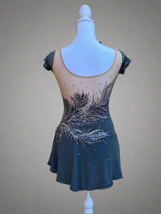 Elegant Smoky Gray Figure Skating Dress with Violet Rhinestone Embellishments