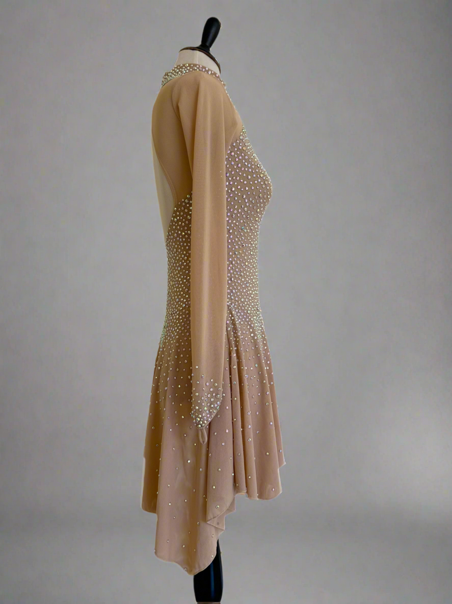 Nude Crystal Figure Skating Dress – Long Sleeve Elegance