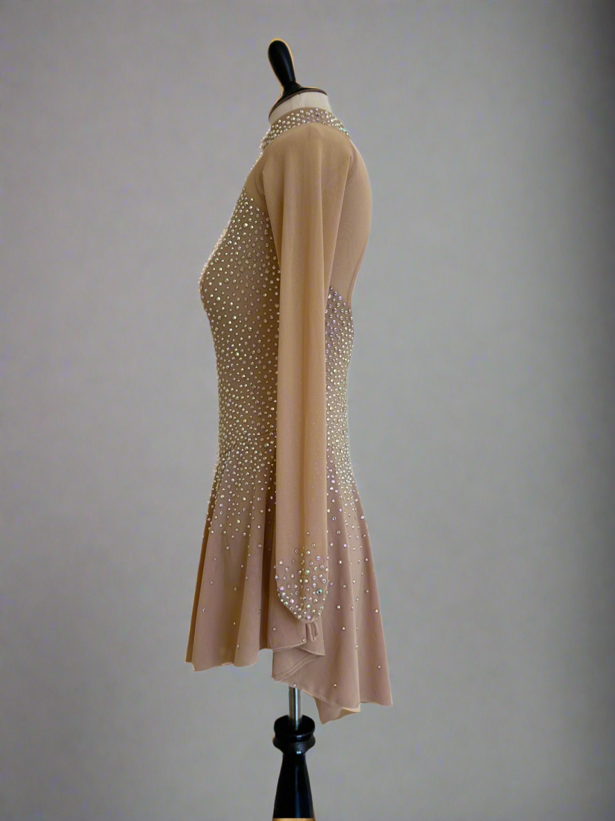 Nude Crystal Figure Skating Dress – Long Sleeve Elegance