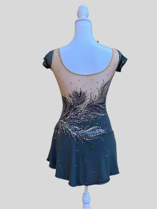 Elegant Smoky Gray Figure Skating Dress with Violet Rhinestone Embellishments