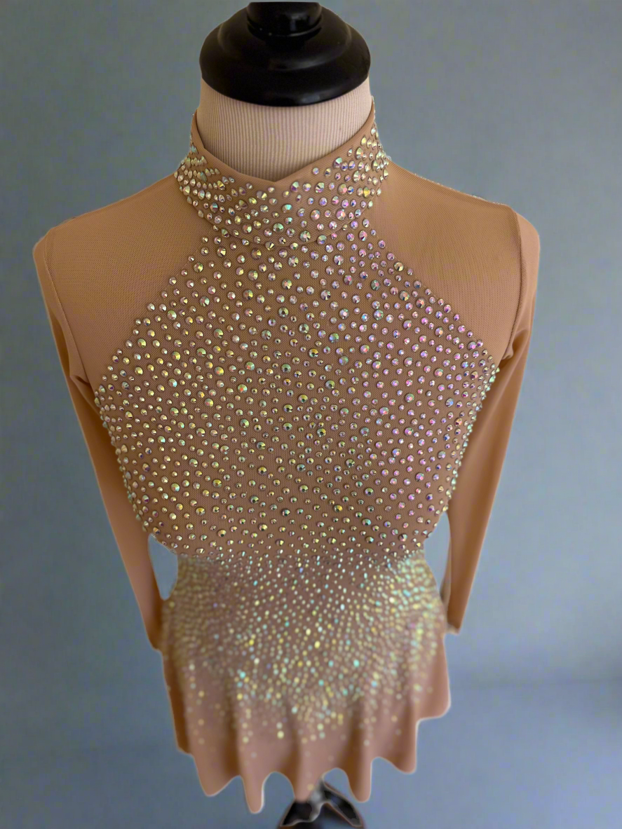 Nude Crystal Figure Skating Dress – Long Sleeve Elegance
