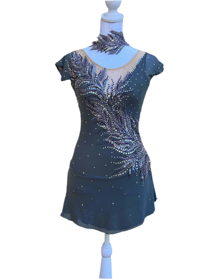 Elegant Smoky Gray Figure Skating Dress with Violet Rhinestone Embellishments