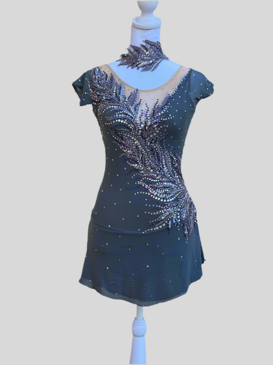 Elegant Smoky Gray Figure Skating Dress with Violet Rhinestone Embellishments