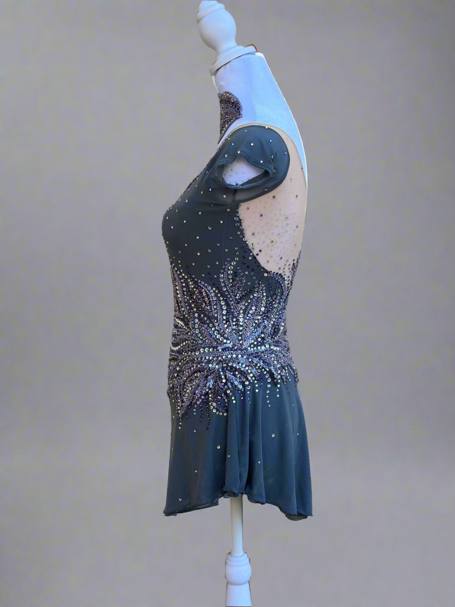 Elegant Smoky Gray Figure Skating Dress with Violet Rhinestone Embellishments