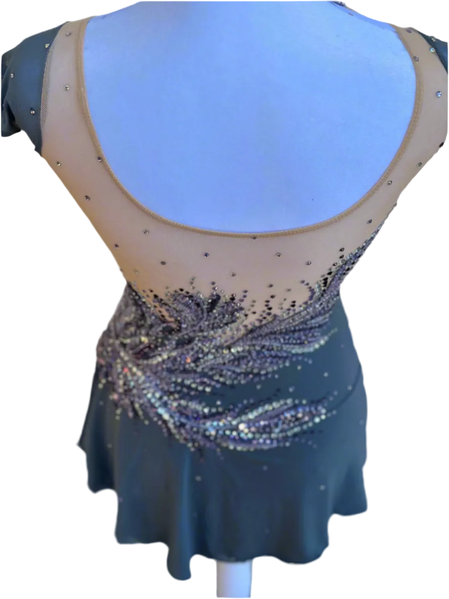 Elegant Smoky Gray Figure Skating Dress with Violet Rhinestone Embellishments