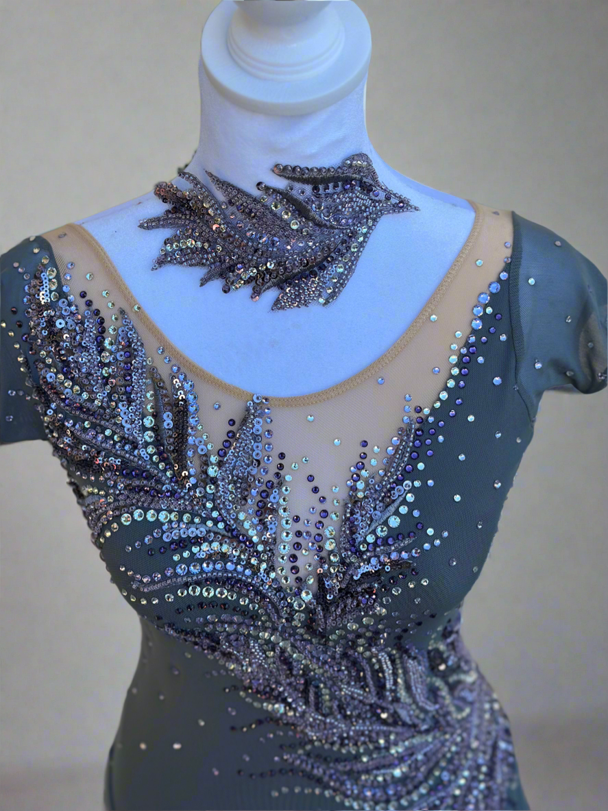Elegant Smoky Gray Figure Skating Dress with Violet Rhinestone Embellishments