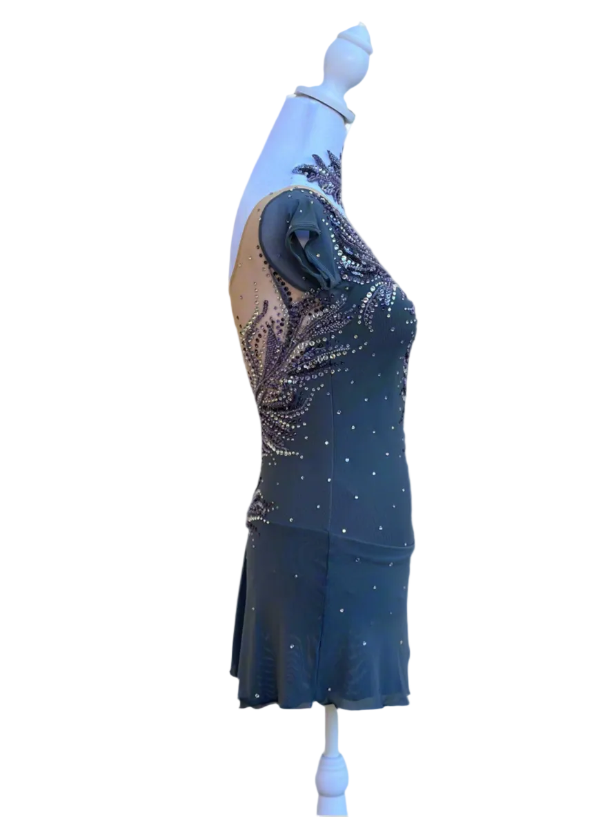 Elegant Smoky Gray Figure Skating Dress with Violet Rhinestone Embellishments