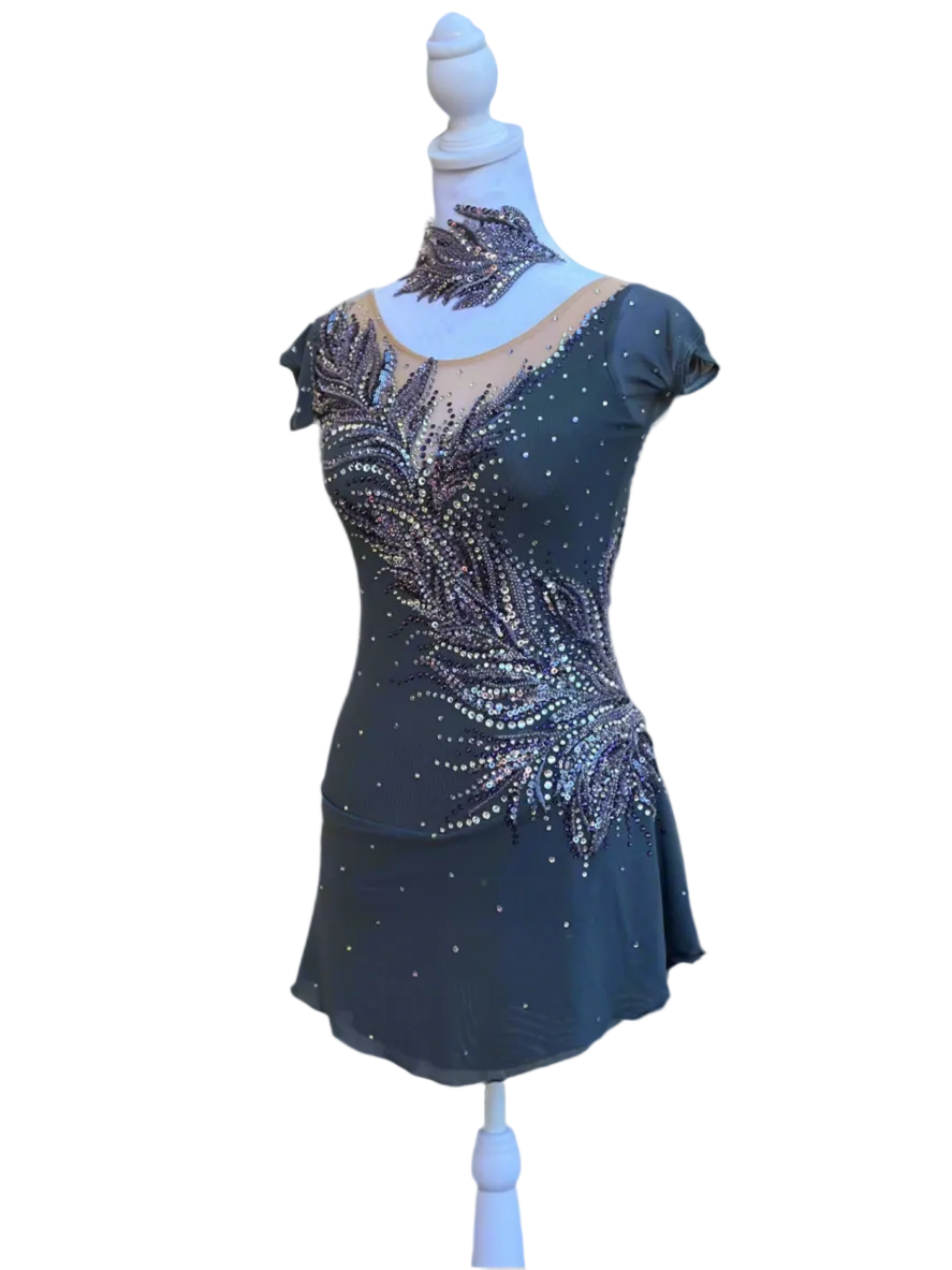 Elegant Smoky Gray Figure Skating Dress with Violet Rhinestone Embellishments