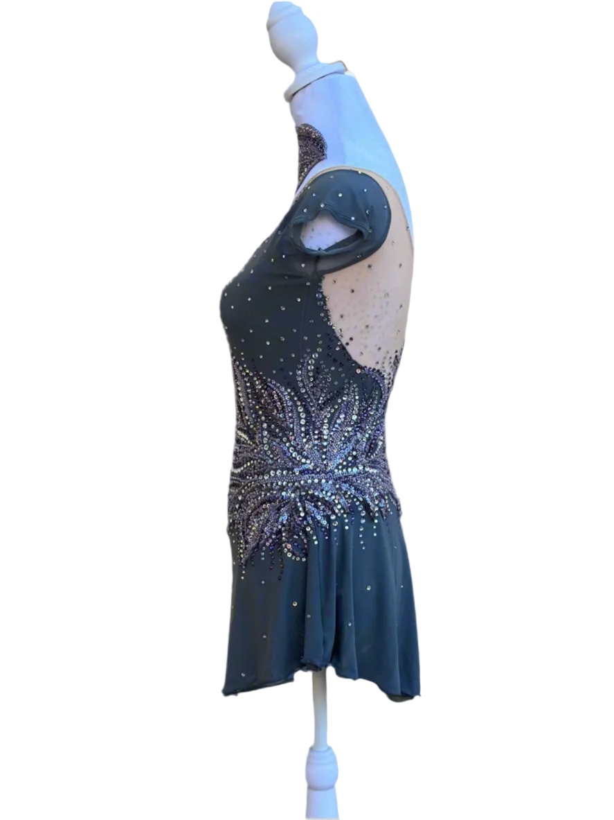 Elegant Smoky Gray Figure Skating Dress with Violet Rhinestone Embellishments