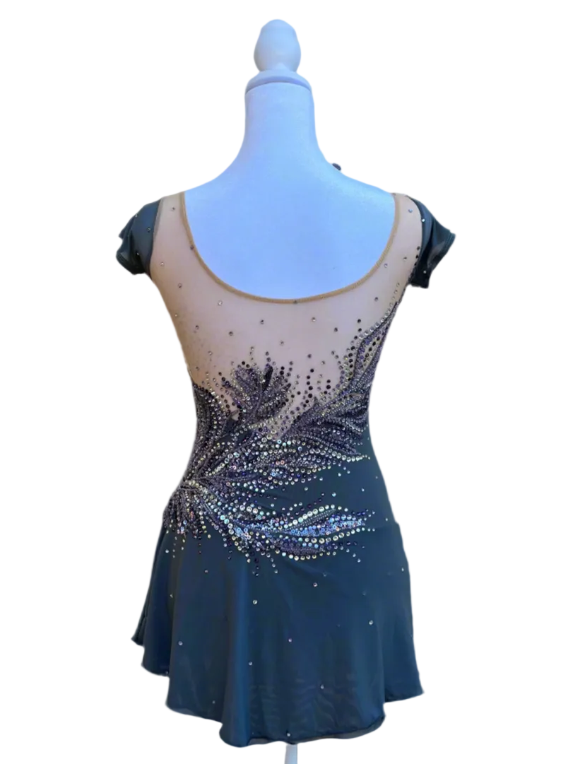 Elegant Smoky Gray Figure Skating Dress with Violet Rhinestone Embellishments