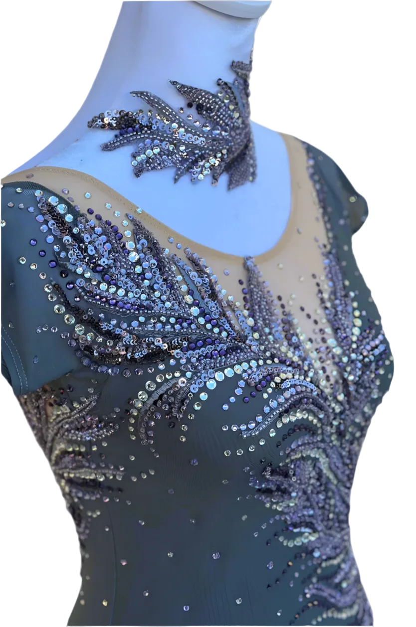 Elegant Smoky Gray Figure Skating Dress with Violet Rhinestone Embellishments