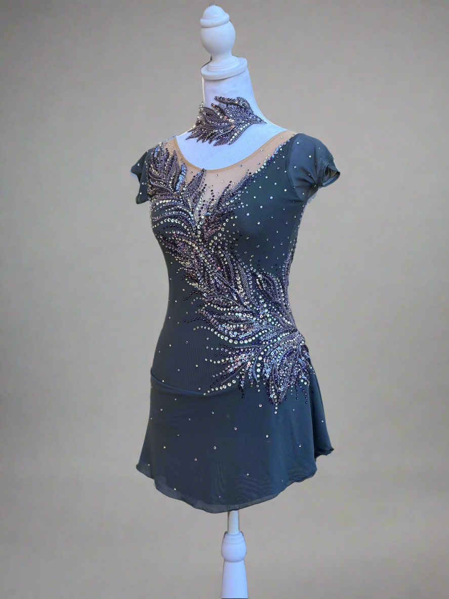 Elegant Smoky Gray Figure Skating Dress with Violet Rhinestone Embellishments