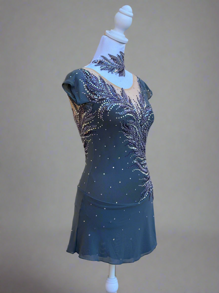 Elegant Smoky Gray Figure Skating Dress with Violet Rhinestone Embellishments