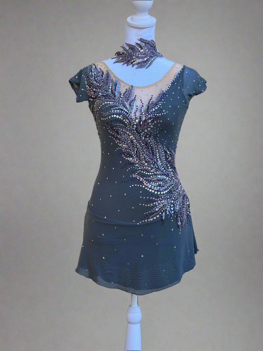 Elegant Smoky Gray Figure Skating Dress with Violet Rhinestone Embellishments