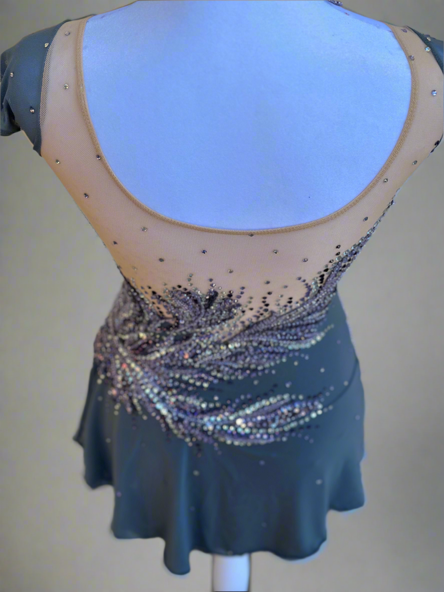 Elegant Smoky Gray Figure Skating Dress with Violet Rhinestone Embellishments