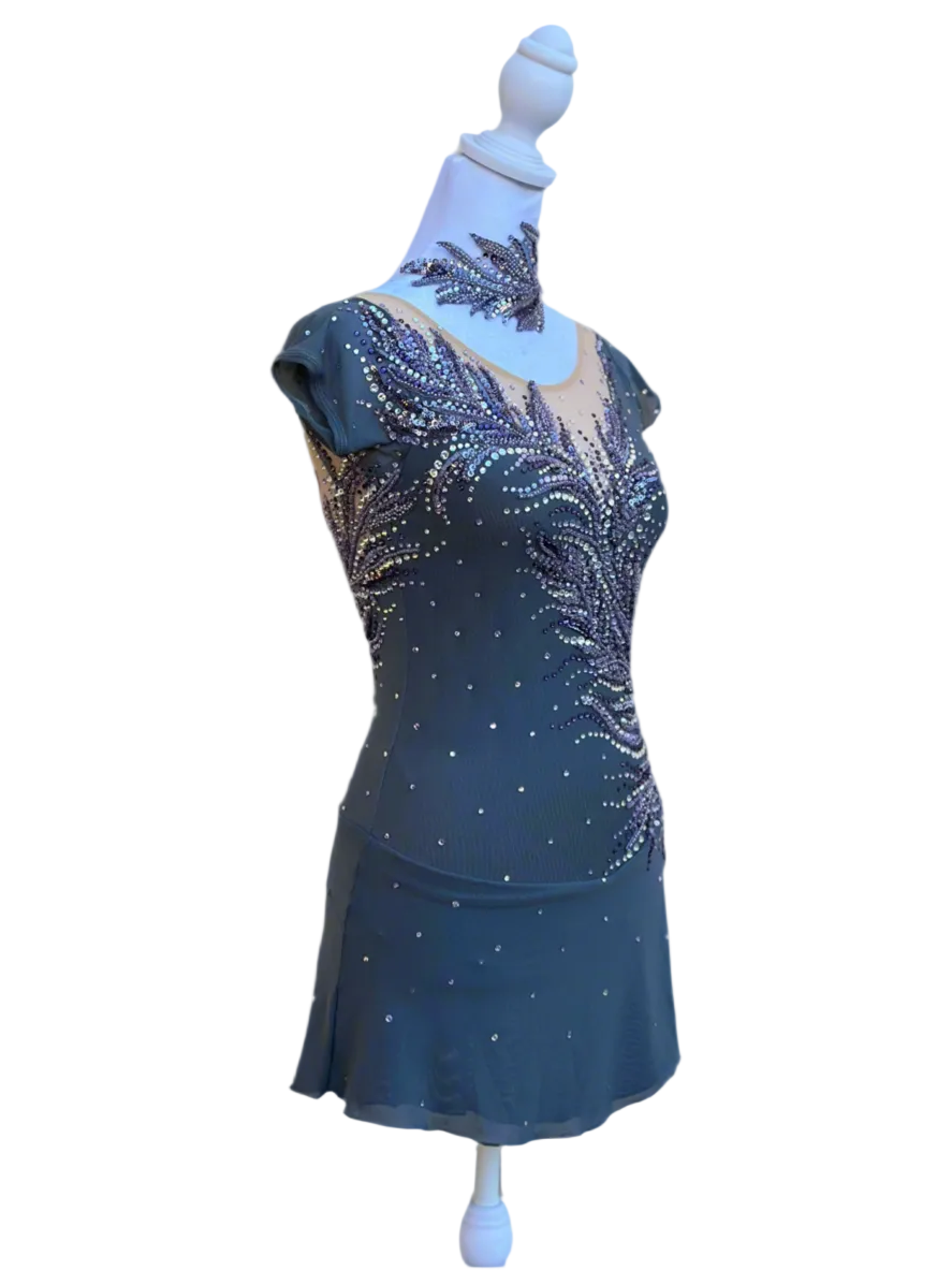 Elegant Smoky Gray Figure Skating Dress with Violet Rhinestone Embellishments