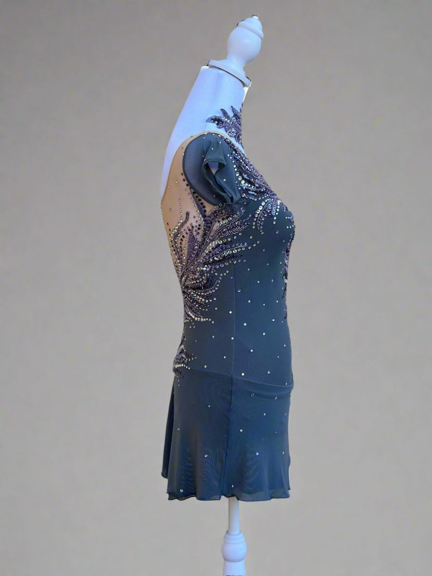 Elegant Smoky Gray Figure Skating Dress with Violet Rhinestone Embellishments