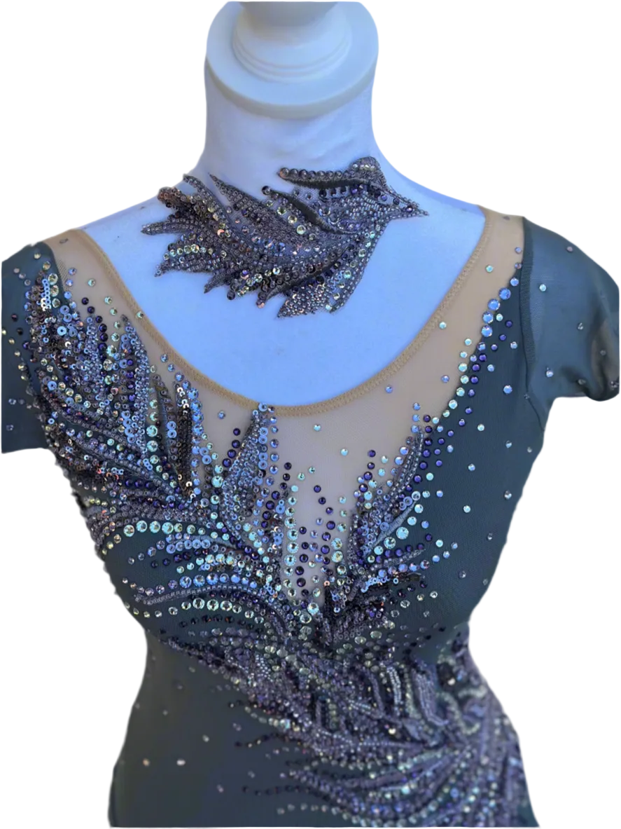 Elegant Smoky Gray Figure Skating Dress with Violet Rhinestone Embellishments