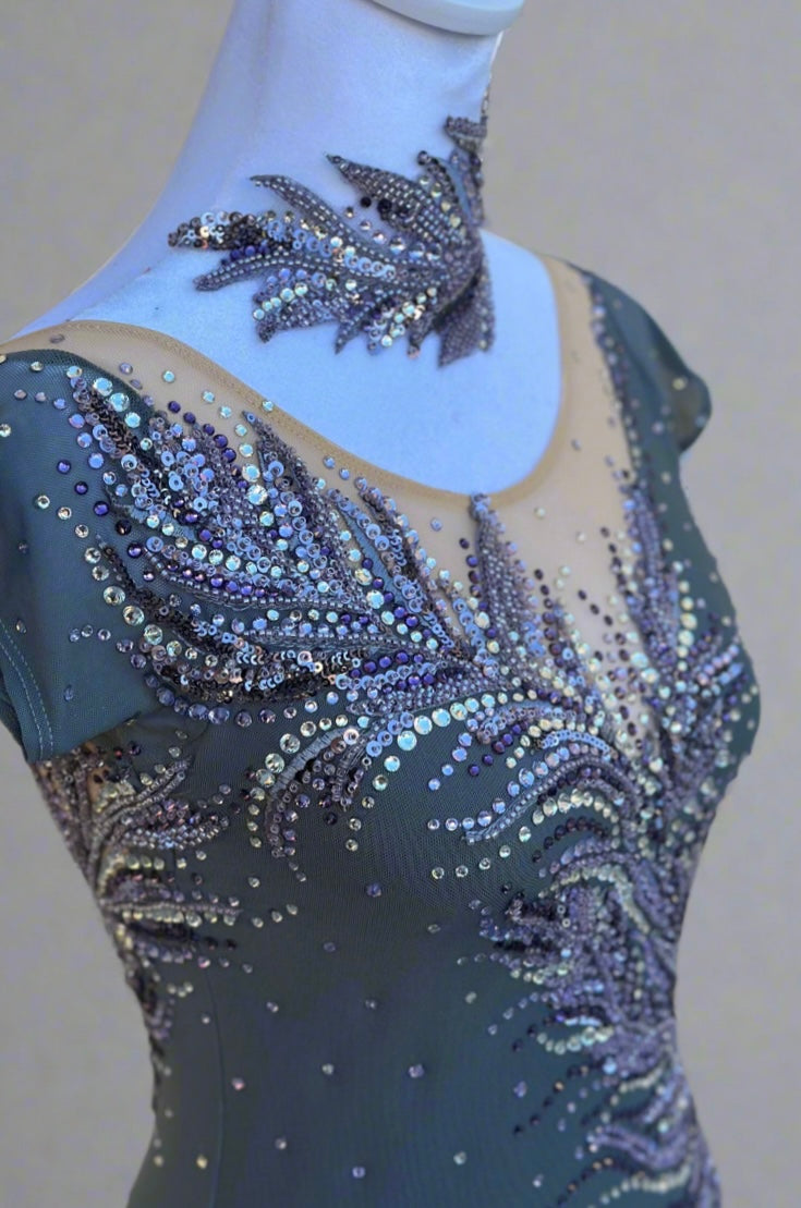 Elegant Smoky Gray Figure Skating Dress with Violet Rhinestone Embellishments