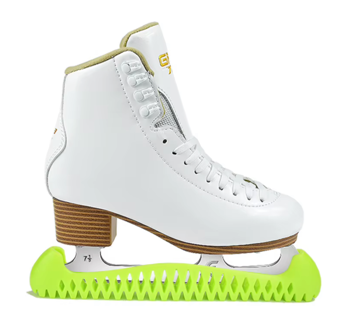 Green figure skate blade guards on white figure skate