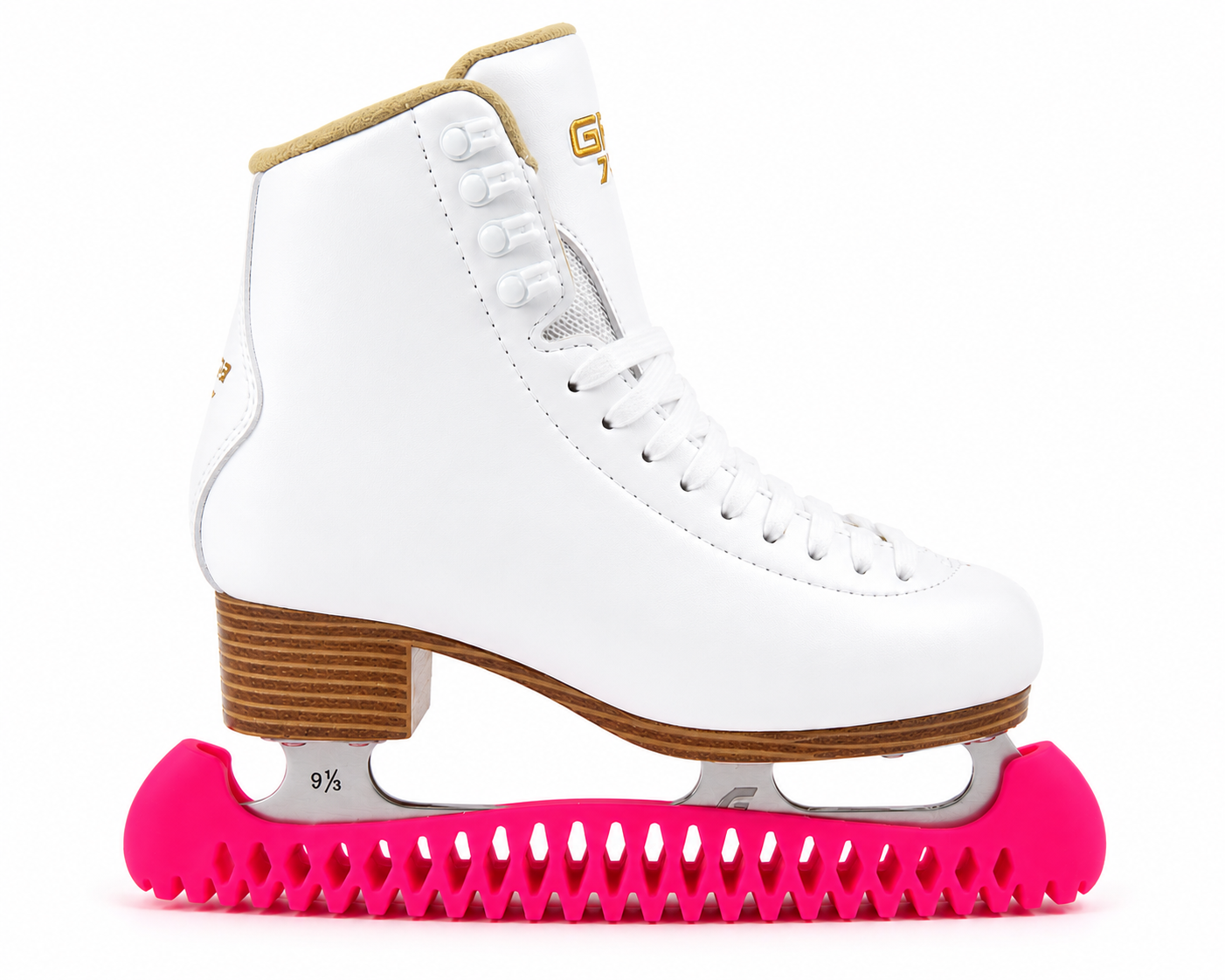 Hot Pink figure skate blade guards on white figure skate