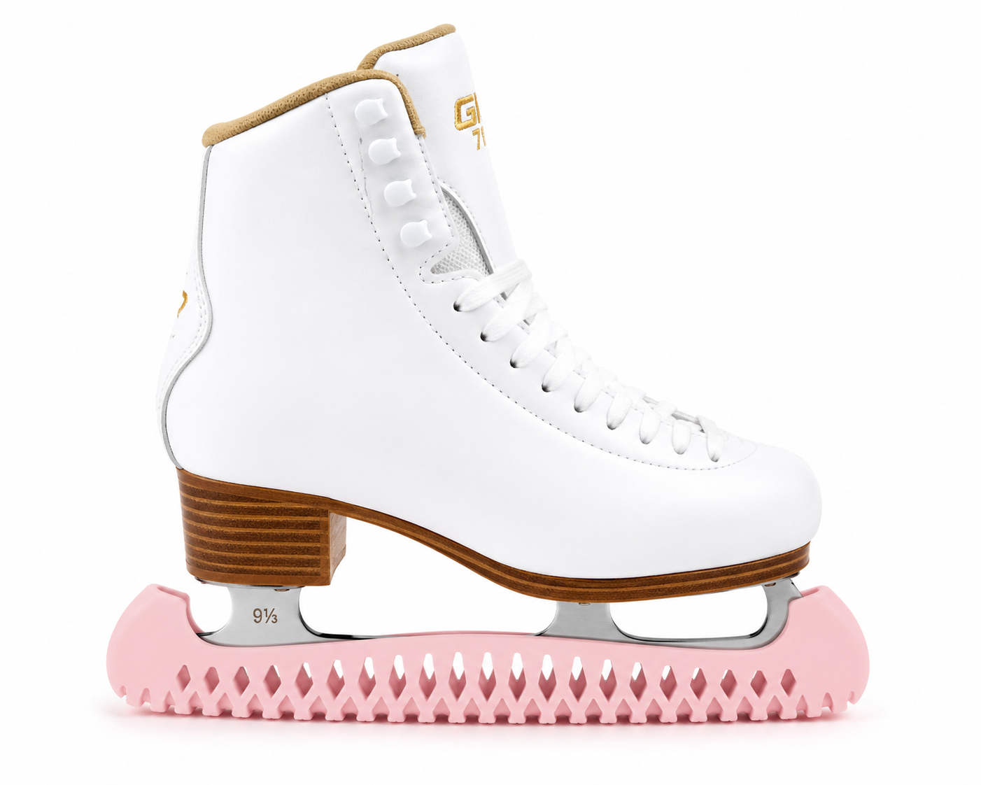 Pink figure skate blade guards on white figure skate
