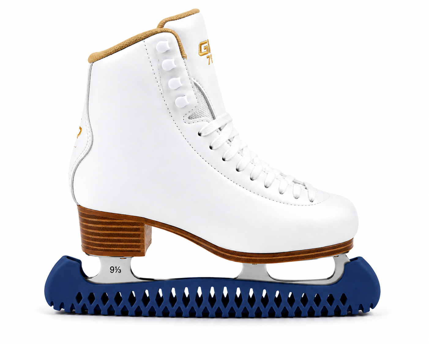 Blue figure skate blade guards on white figure skate